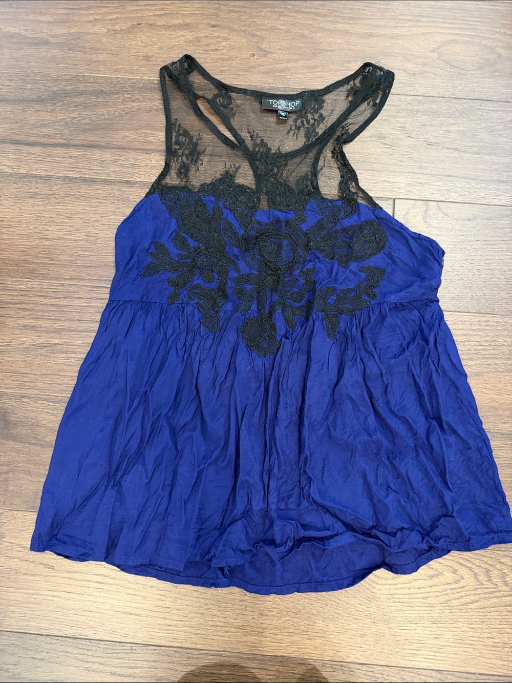 Topshop Blue Tank with Black Lace Yoke Size 4 US - C61-093